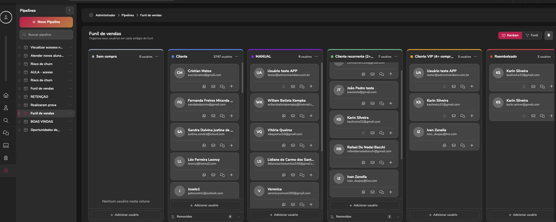 Pipeline de vendas da Astron, com colunas customizáveis